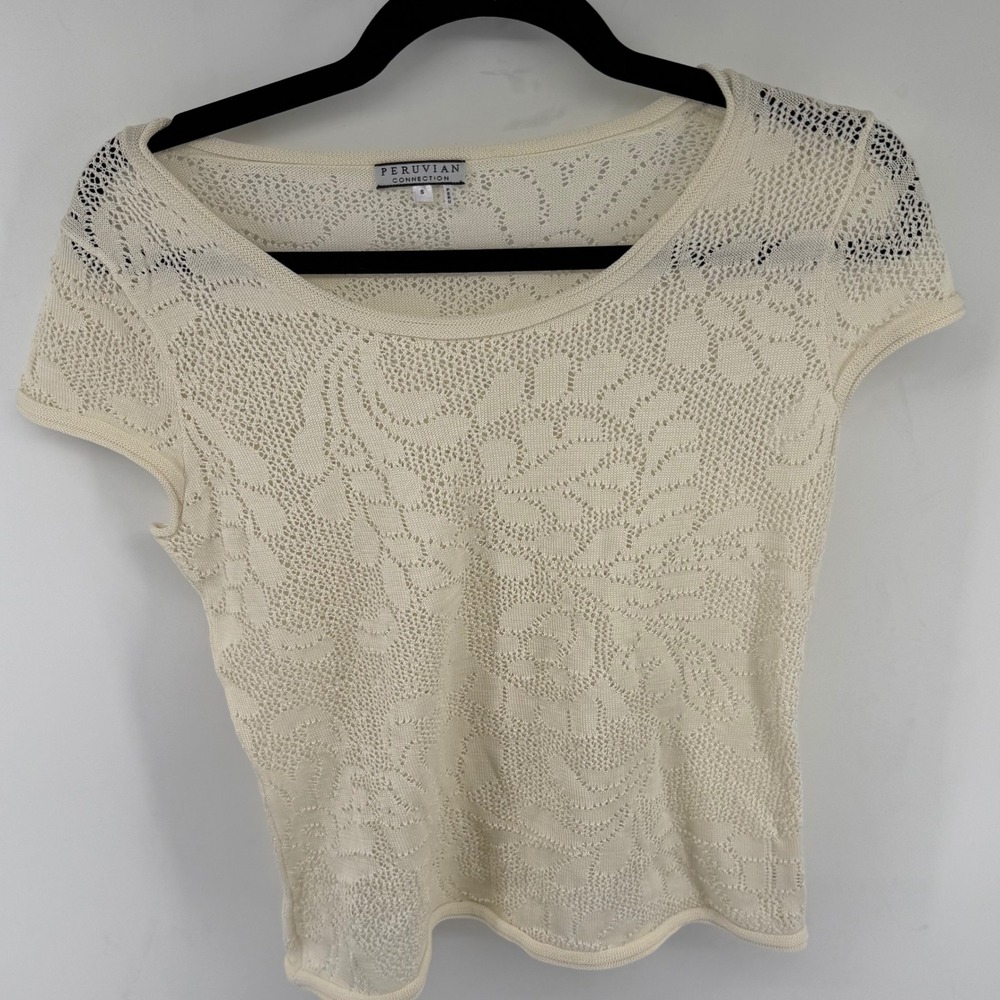 Peruvian Connection Ivory Pima Cotton Floral Pointelle Knit Scoop Neck Top S